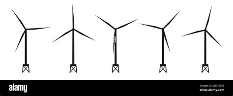 Set Of Offshore Wind Generator Icons Wind Turbine Silhouettes Wind Towers Isolated Black And