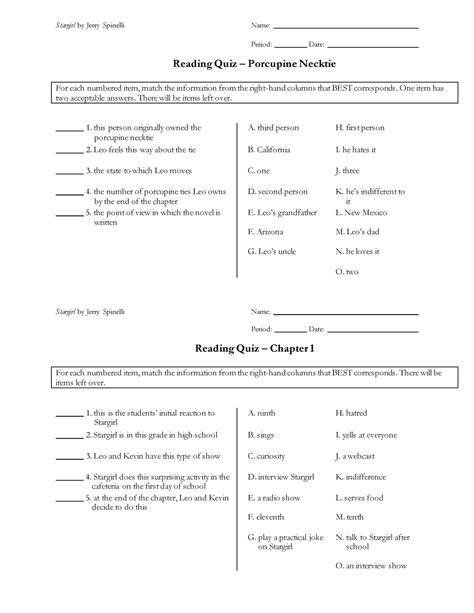 Stargirl Quiz Chapters 1-6 - Period: Date: Reading Quiz – Porcupine