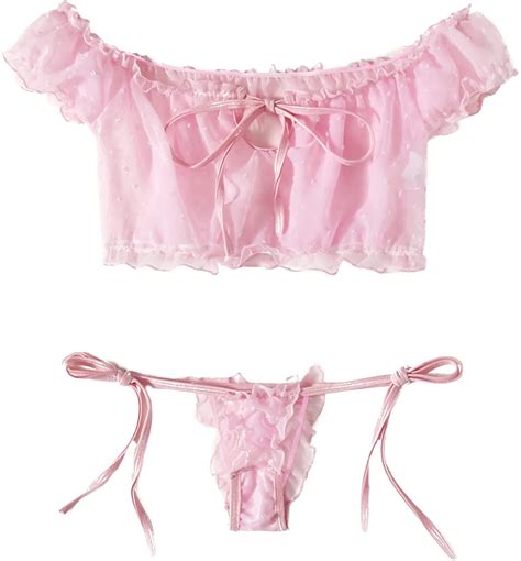 Shein Women S Self Tie Ruffle Trim Dobby Mesh Lingerie Set Sexy Bra And