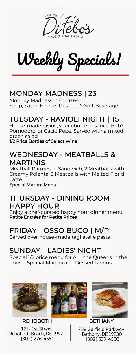 DiFebo's Rehoboth Off-Season Weekly Specials - Rehoboth Beach - Dewey