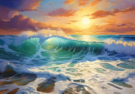 Sunset on Sea, Waves,sky. Oil Painting Stock Illustration ...