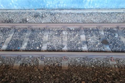 close   railway track  track ballast stones stock photo