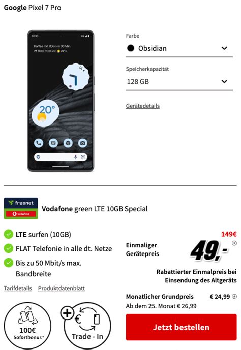 100 Bonus Trade In mgl Google Pixel 7 Pro 128GB für 149