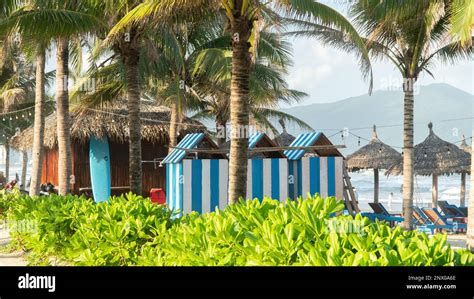 Beach infrastructure, bungalows and surfboard rentals, changing rooms ...