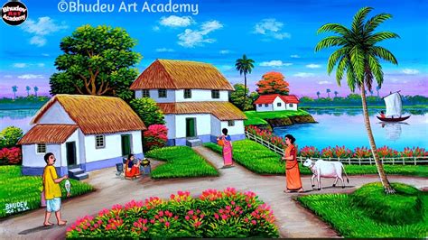 Beautiful Village Landscape Scenery Painting Tutorial Village Scenery