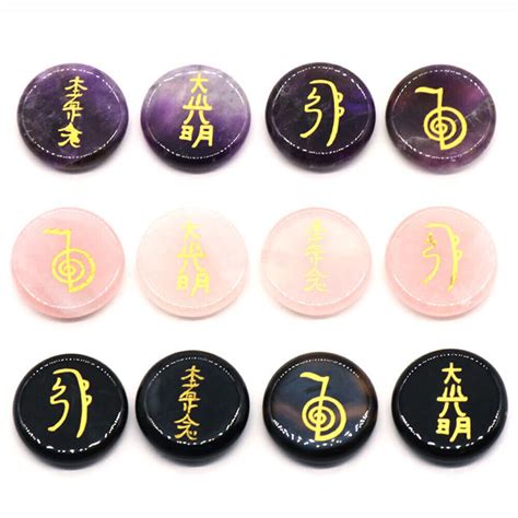 4PCS Engraved Usui Symbols 7 Chakra Palm Stone Crystal Gemstone