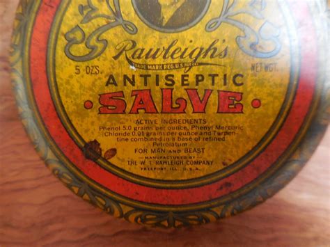 Old Medicinal Litho Tin Can Rawleigh S Antiseptic Salve White