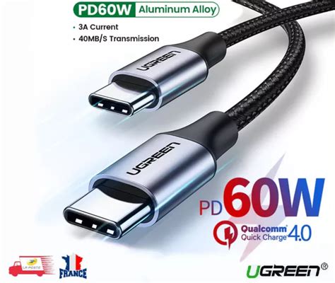 CÂBLE CHARGE RAPIDE USB Type C vers USB Type C Cordon PD 60W Ugreen 1M