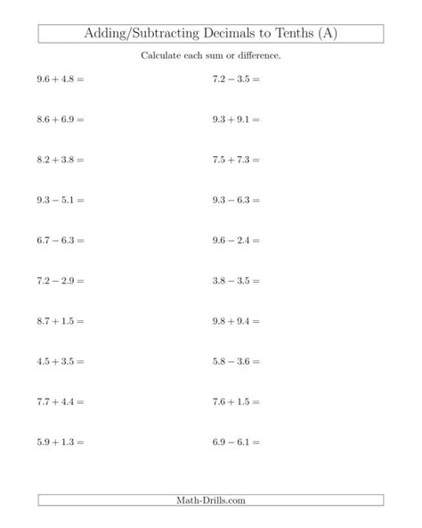 Adding Decimals Horizontal Worksheets