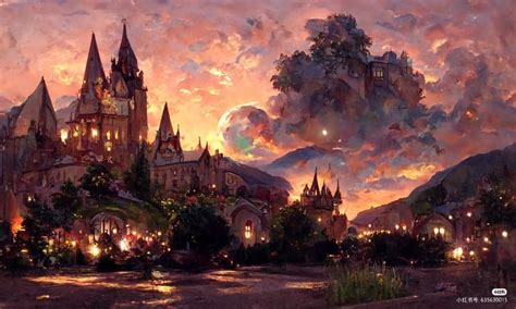 A Painting Of A Castle In The Sky With Clouds Above It And Lights At Night