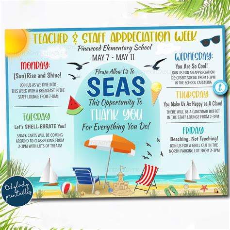 Coastal Beach Theme Teacher Staff Appreciation Week Itinerary — Tidylady Printables