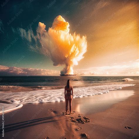 Naked Woman On Sandy Beach Facing Nuclear Explosion Over Ocean