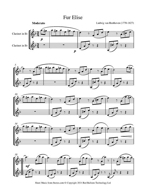 Beethoven Fur Elise Sheet Music For Clarinet Duet