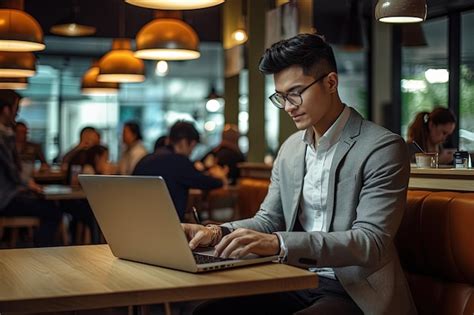 Premium Photo A Man Sitting At A Table Using A Laptop Computer