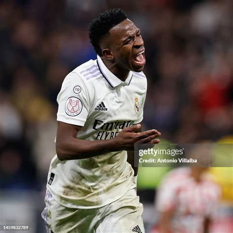 Vini Jr. of Real Madrid celebrates after scoring the team's third a ...