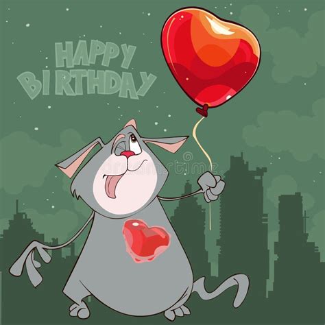 Cartoon Cat with a Balloon Heart Happy Birthday Stock Vector - Illustration of birthday, gift ...