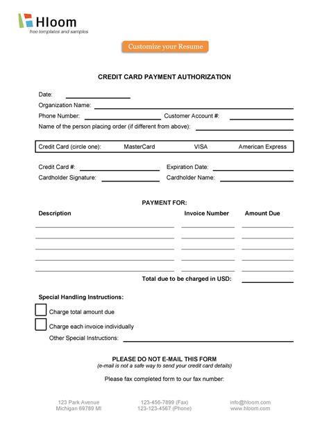 Authorization To Charge Credit Card Template