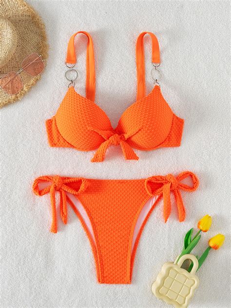 Shein Swim Chicsea Neon Orange Ring Linked Knot Front Push Up Bikini