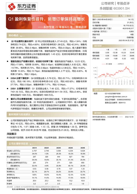 永创智能22年报and23年一季报点评：q1盈利恢复性提升，新增订单保持高增长