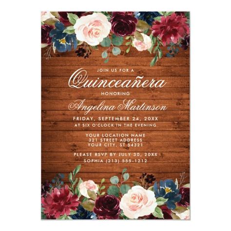 Rustic Quinceanera Wood Burgundy Blue Pink Floral Invitation Zazzle