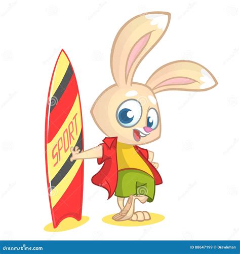 Cartoon Rabbit Surfer Vector Illustration Of White Bunny Standing