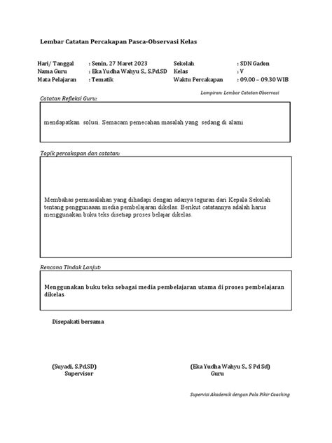 3lembar Catatan Percakapan Pasca Observasi Kelassuyadi Pdf