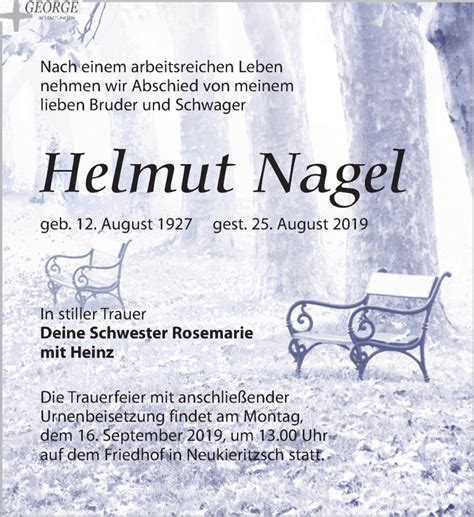 Traueranzeigen Von Helmut Nagel Trauer Anzeigen De