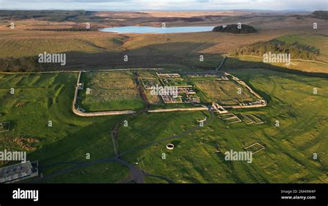 An aerial view of the remains of an auxiliary fort on Hadrian's Wall ...