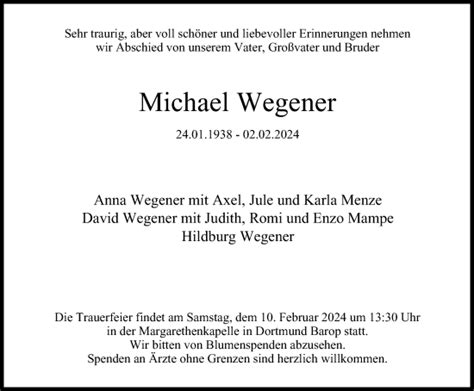 Traueranzeigen Von Michael Wegener Trauer In Nrw De