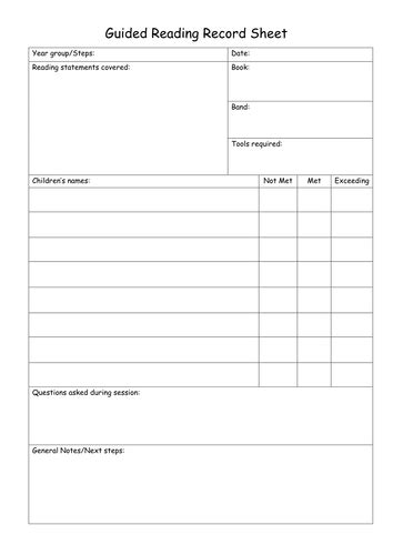 Guided Reading Record Sheet Teaching Resources