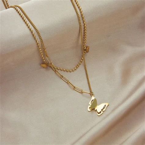 Butterfly Titanium Steel Plating K Gold Plated Double Layer Necklaces