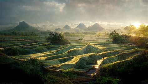 Premium Photo | Sunrise over the fields on a mountain landscape