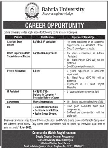 Bahria University Jobs 2020 In Karachi Campus 2023 Job Advertisement Pakistan