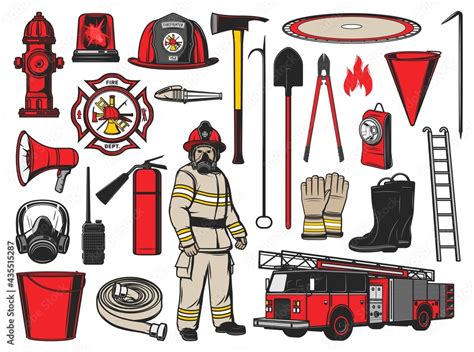 Firefighter equipment and fire fighting tools. Vector icons of fire department car, alarm ...