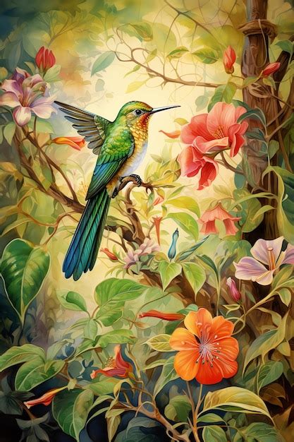 Colibrí en el bosque con flores y hojas acuarela pintura vintage