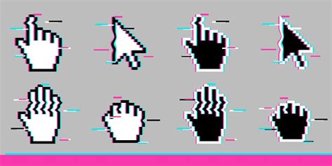 Black And White Pixel Glitch Mouse Hand And Arrow Cursor Icon Sign Set