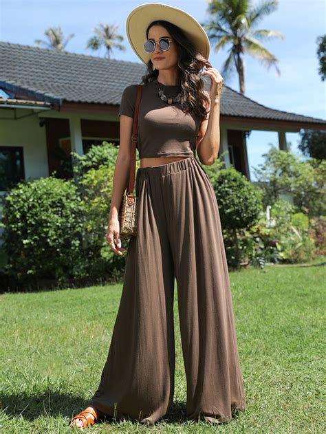 SHEIN LUNE Solid Crop Tee Wide Leg Pants SHEIN USA