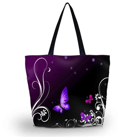 Purple Butterfly Soft Foldable Tote Large Capacity Women Shopping Bag