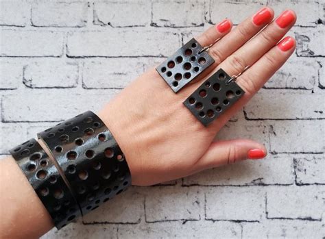 Black Cuff Bracelet Wide Leather Cuff Perforated Bracelet Etsy