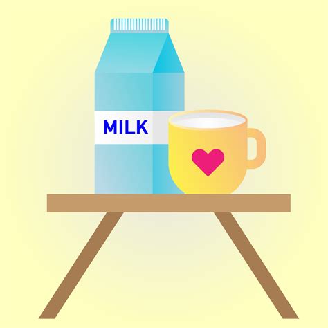 Illustrator vector of a box of milk and mug with milk on the table