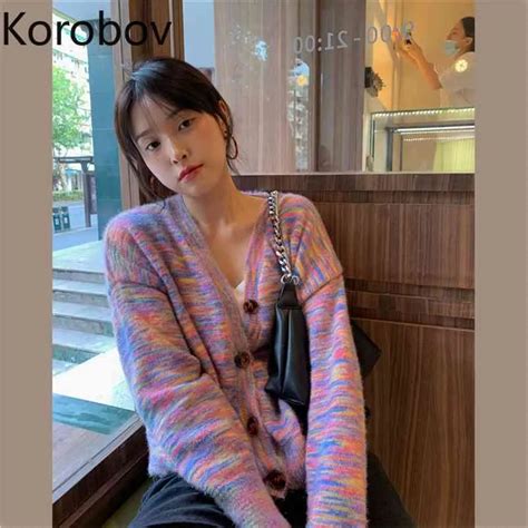 Vintage Rainbow Striped V Neck Sweater Women Korean Harajuku Style Long