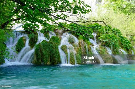 Plitvice Lakes National Park Waterfall Landscape With Turquoise Blue And Green Water In Croatia