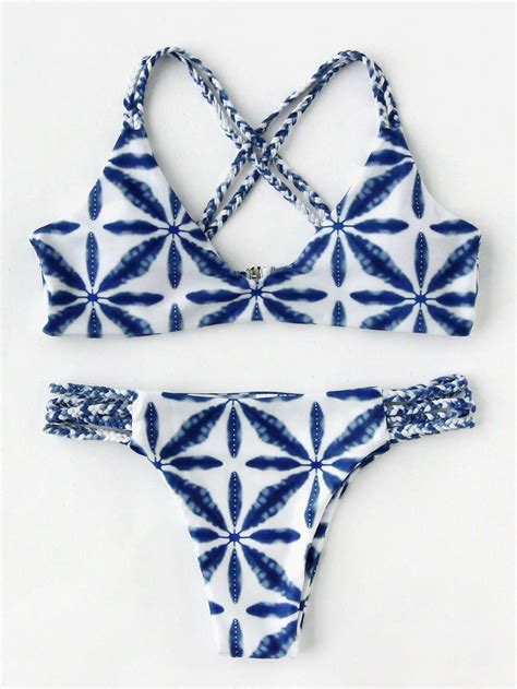 Graphic Print Braided Strap Bikini Set Shein Sheinside