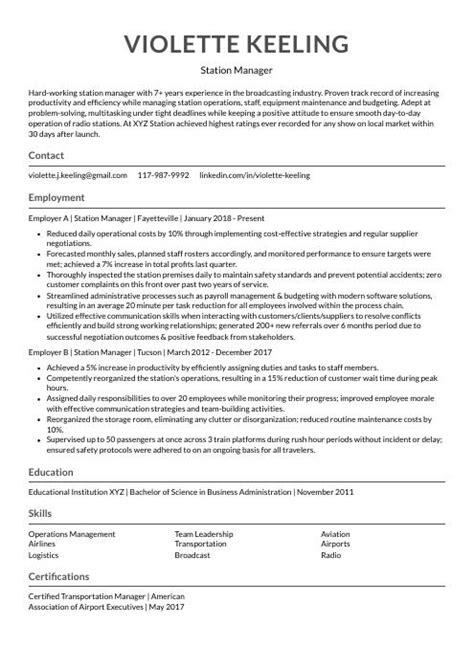 Station Manager Resume Cv Example And Writing Guide