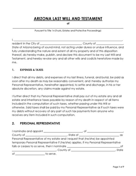 Arizona Last Will And Testament Free Template And Form