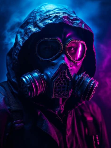 Premium Ai Image A Person Wearing A Gas Mask With A Purple Background