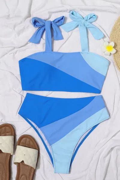 Dropship Sky Blue Ombre Color Block Tie Shoulder Bikini High Waist