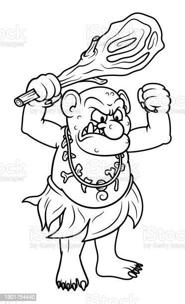 Line Art Illustration Of Angry Fantasy Ogre With A Stick Club In