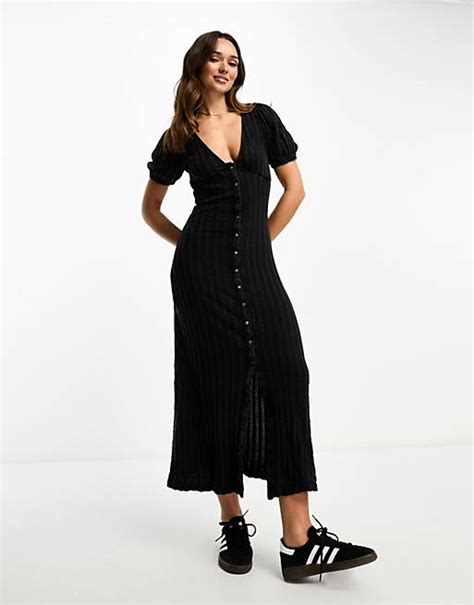 Asos Design Button Front Midi Tiered Tea Dress In Black Asos