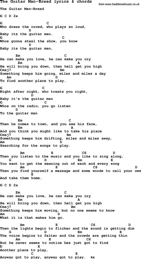 Love Song Lyrics For The Guitar Man Bread With Chords